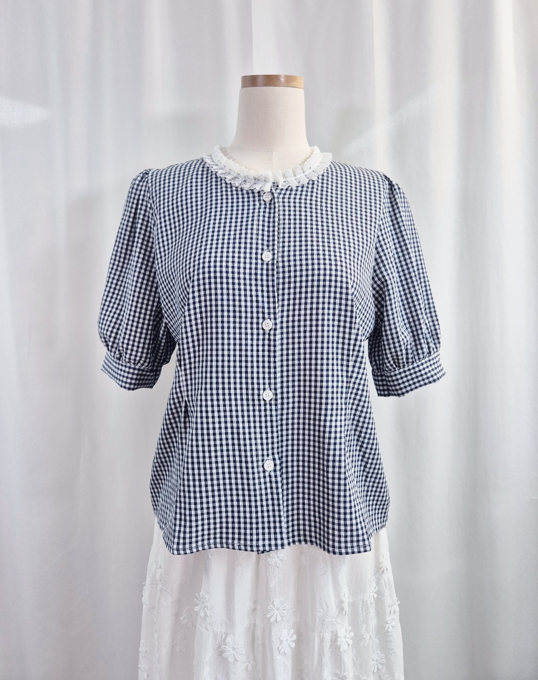 ボタンラウンドネックラインパフスリーブ半袖ギャザー配色チェックブラウス | 詳細画像15