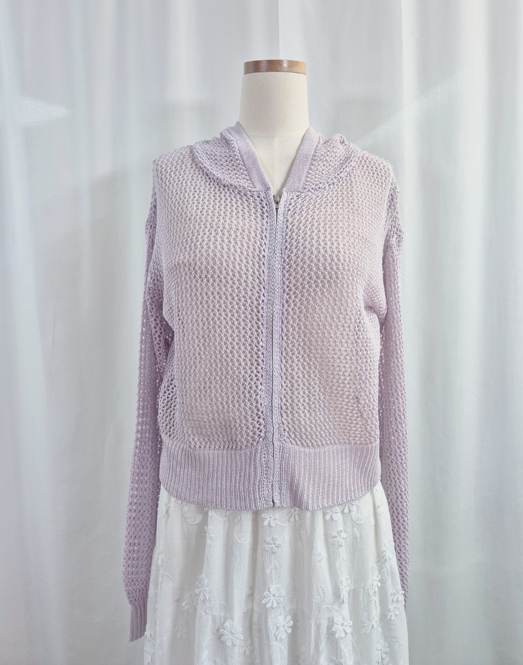 アクリルジップアップフードパンチングルーズ長袖セミクロップドドロップショルダークロシェカーディガン | 詳細画像12