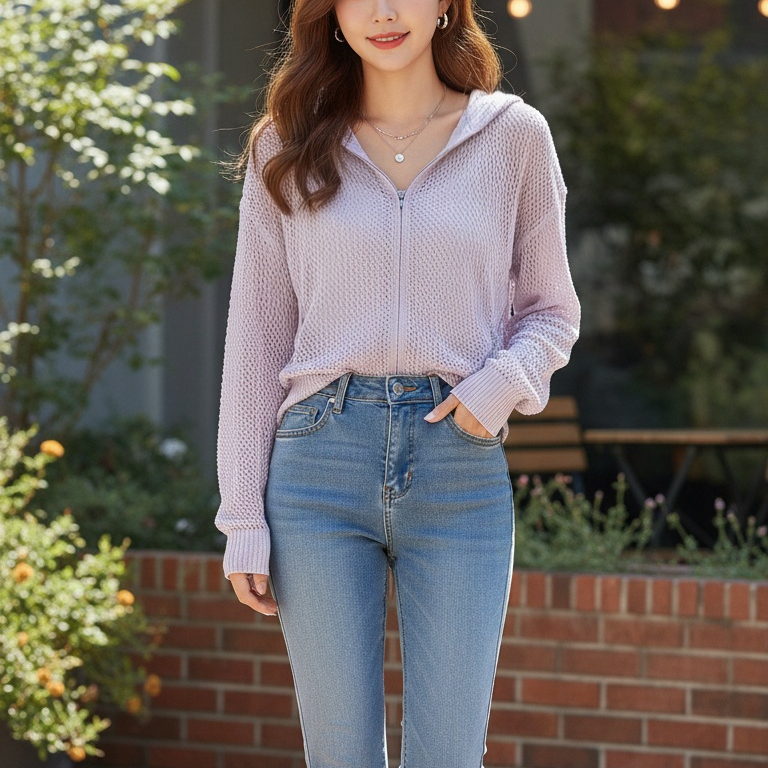 アクリルジップアップフードパンチングルーズ長袖セミクロップドドロップショルダークロシェカーディガン | 詳細画像2