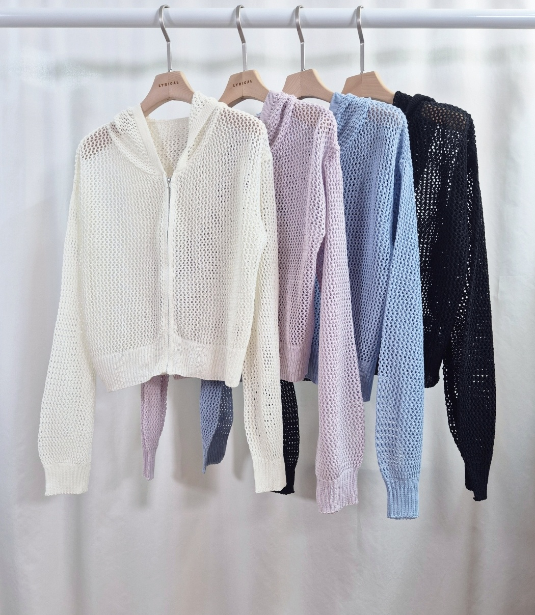 アクリルジップアップフードパンチングルーズ長袖セミクロップドドロップショルダークロシェカーディガン | 詳細画像6