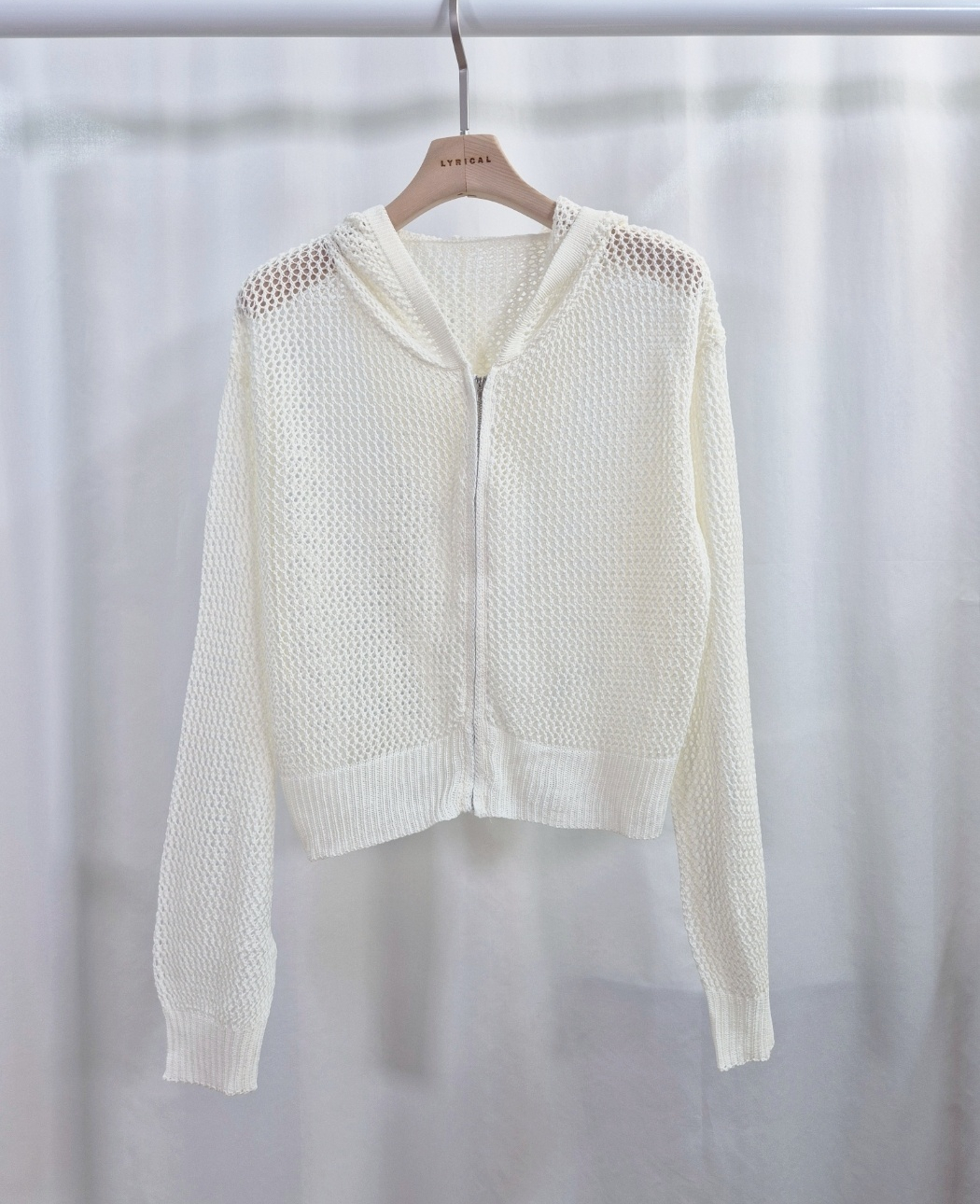 アクリルジップアップフードパンチングルーズ長袖セミクロップドドロップショルダークロシェカーディガン | 詳細画像7