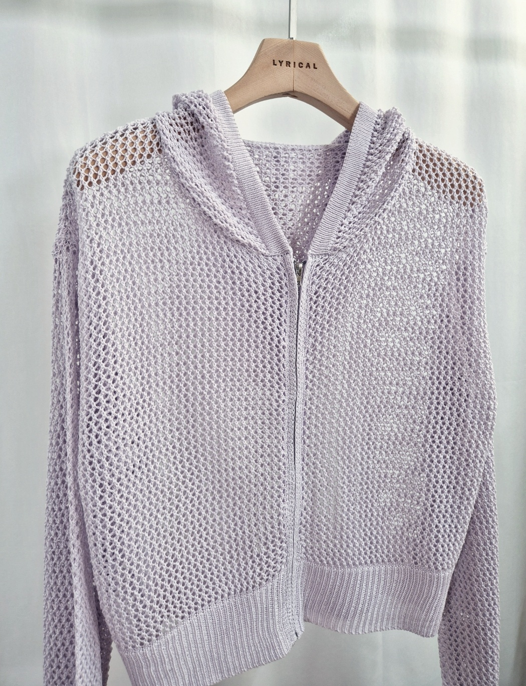 アクリルジップアップフードパンチングルーズ長袖セミクロップドドロップショルダークロシェカーディガン | 詳細画像10