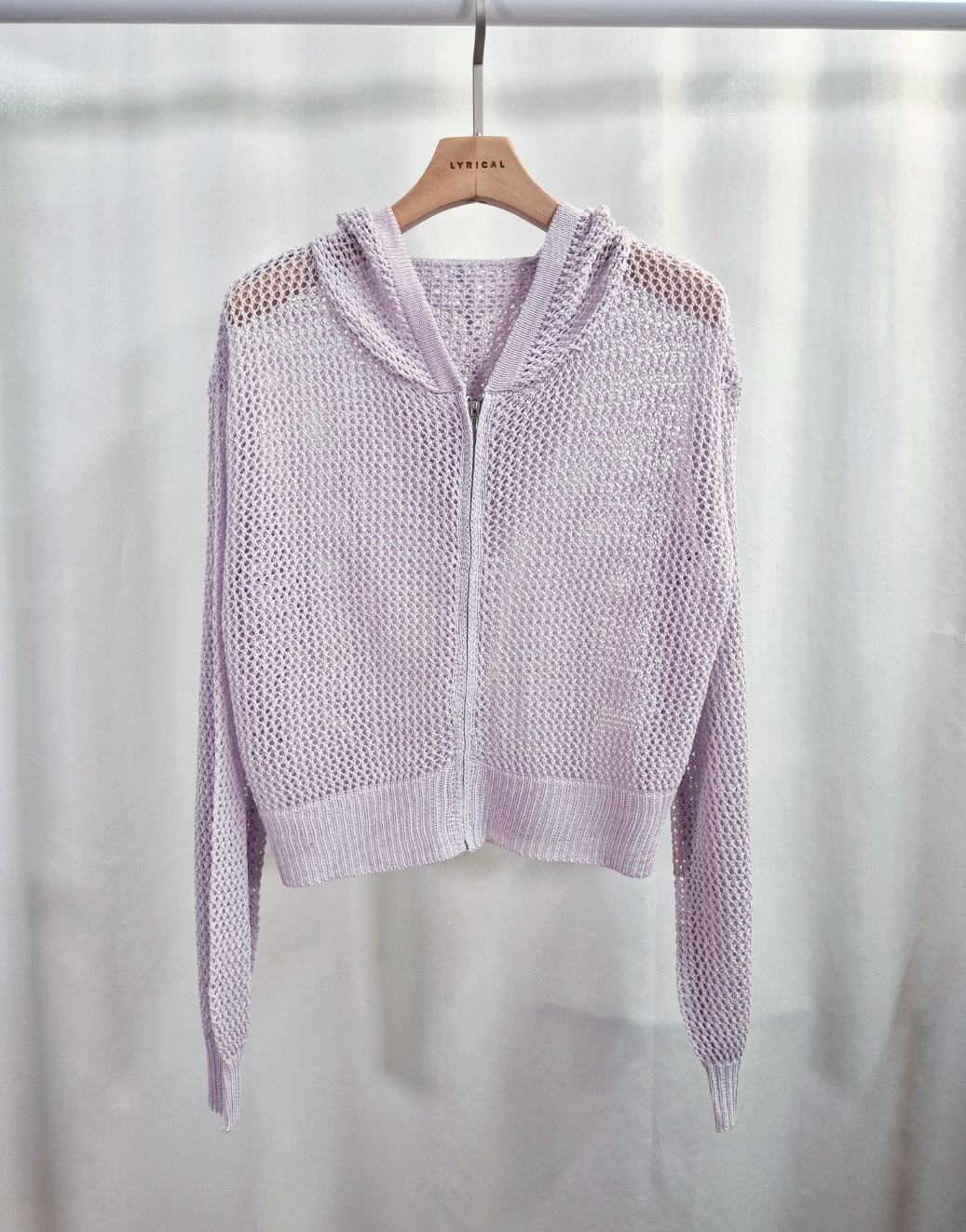 アクリルジップアップフードパンチングルーズ長袖セミクロップドドロップショルダークロシェカーディガン | 詳細画像9