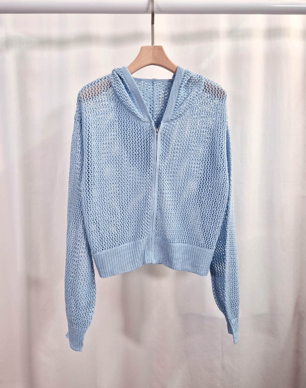アクリルジップアップフードパンチングルーズ長袖セミクロップドドロップショルダークロシェカーディガン | 詳細画像14