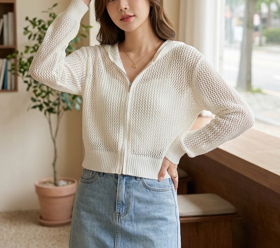 アクリルジップアップフードパンチングルーズ長袖セミクロップドドロップショルダークロシェカーディガン | 詳細画像4