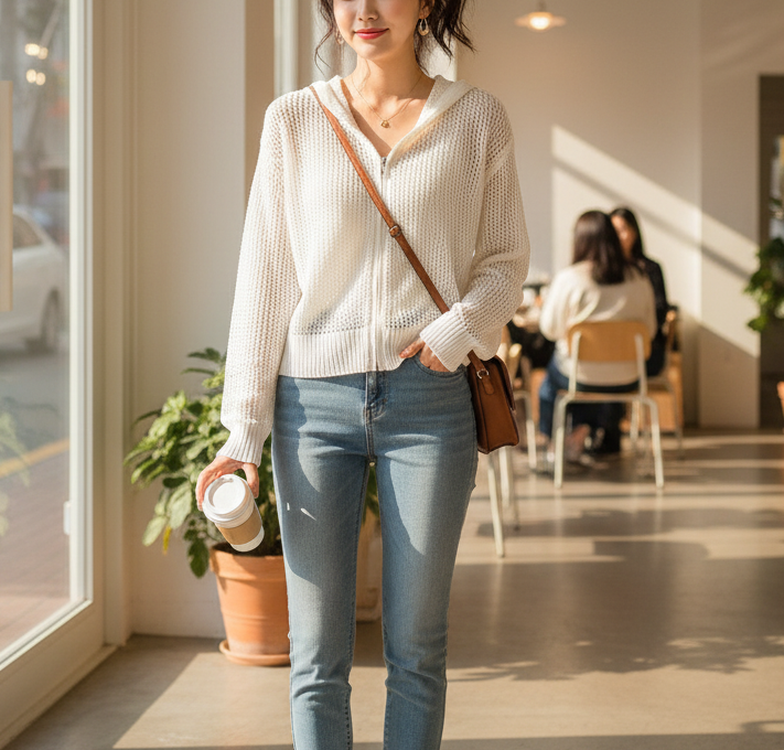 アクリルジップアップフードパンチングルーズ長袖セミクロップドドロップショルダークロシェカーディガン | 詳細画像3