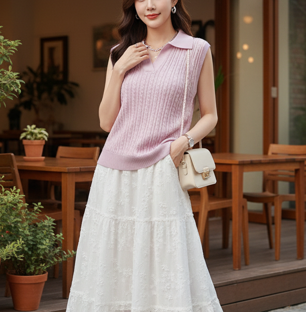 ウール混Vネックオープンカラーベーシックケーブルニットベスト | 詳細画像2