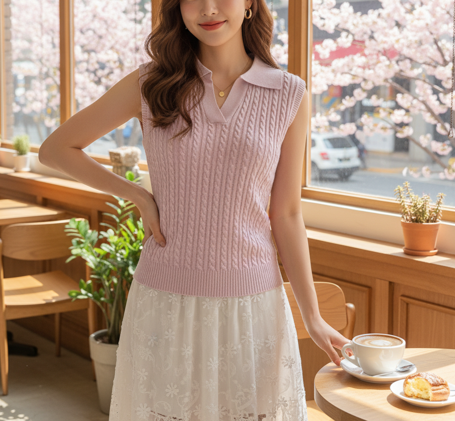 ウール混Vネックオープンカラーベーシックケーブルニットベスト | 詳細画像5