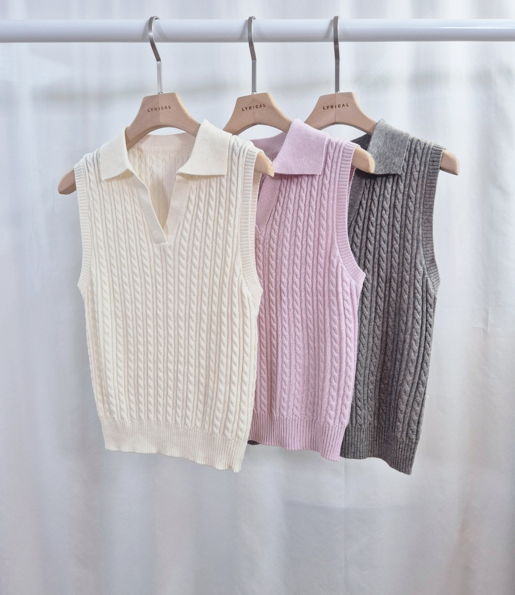 ウール混Vネックオープンカラーベーシックケーブルニットベスト | 詳細画像7