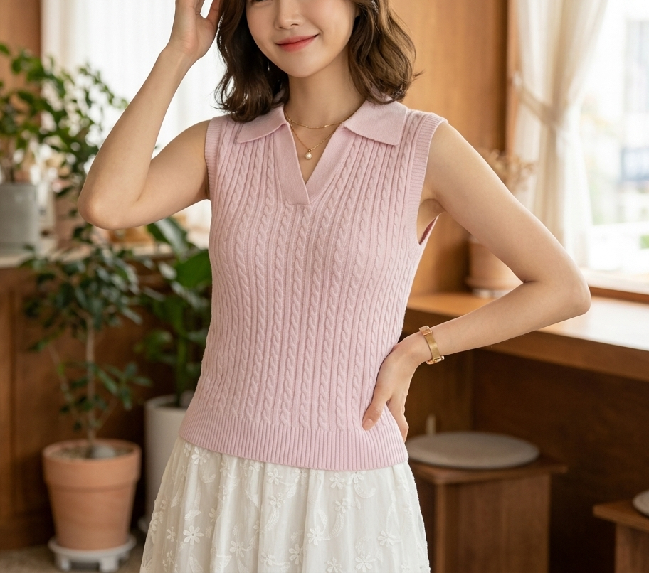 ウール混Vネックオープンカラーベーシックケーブルニットベスト | 詳細画像3