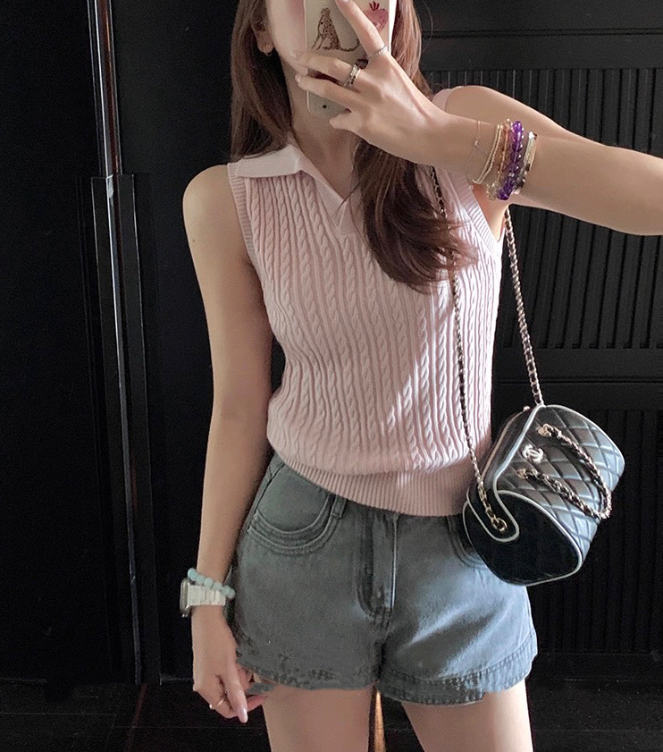 ウール混Vネックオープンカラーベーシックケーブルニットベスト | 詳細画像4