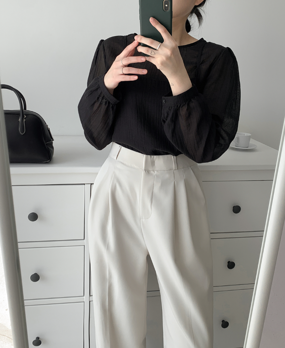 ラウンドネックパフスリーブルーズ長袖無地ブラウスビスチェアンサンブル | 詳細画像11