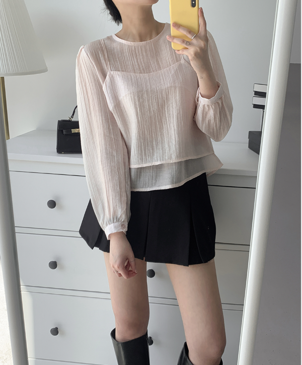 ラウンドネックパフスリーブルーズ長袖無地ブラウスビスチェアンサンブル | 詳細画像3