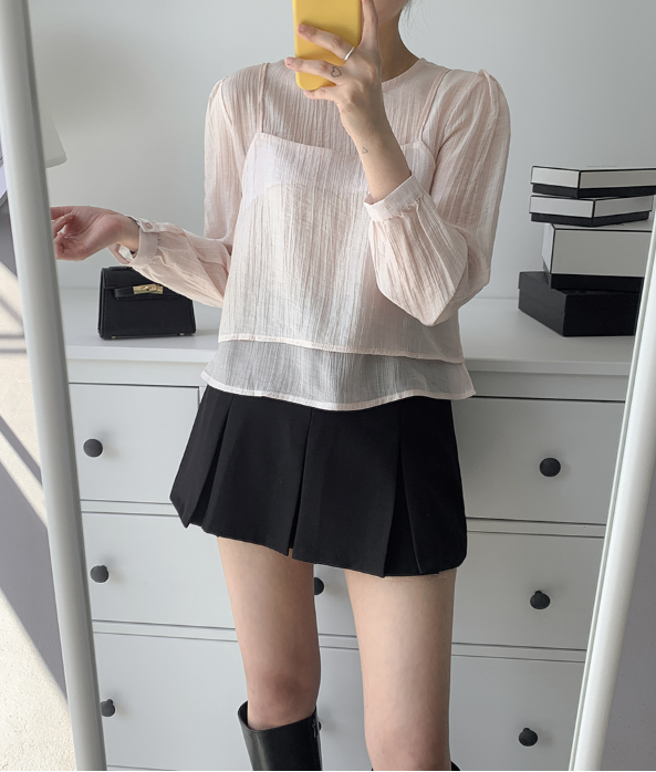 ラウンドネックパフスリーブルーズ長袖無地ブラウスビスチェアンサンブル | 詳細画像4