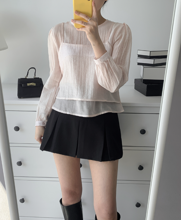 ラウンドネックパフスリーブルーズ長袖無地ブラウスビスチェアンサンブル | 詳細画像5