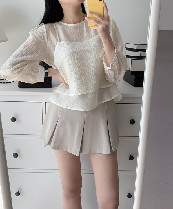 ラウンドネックパフスリーブルーズ長袖無地ブラウスビスチェアンサンブル | 詳細画像6