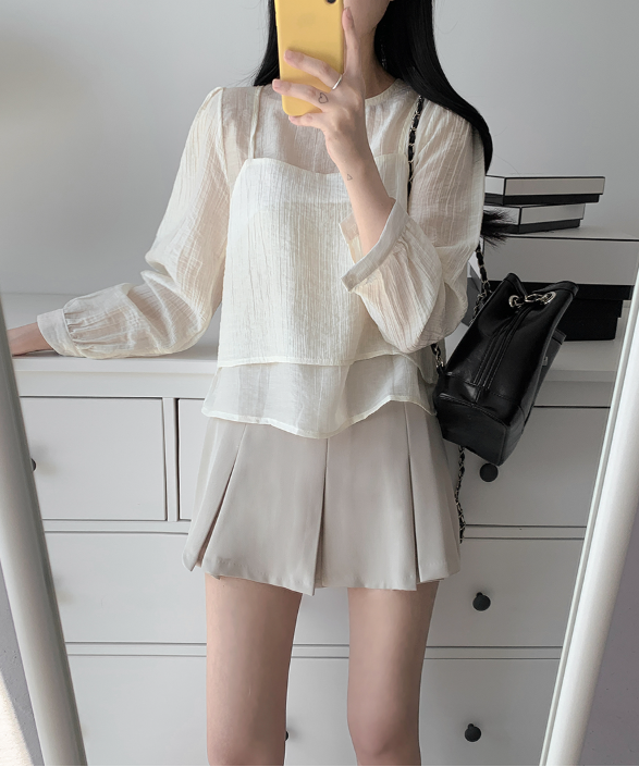 ラウンドネックパフスリーブルーズ長袖無地ブラウスビスチェアンサンブル | 詳細画像7