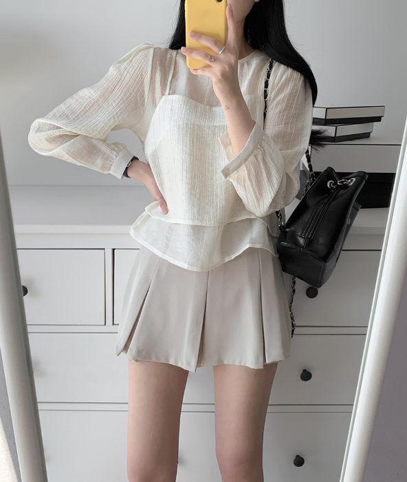 ラウンドネックパフスリーブルーズ長袖無地ブラウスビスチェアンサンブル | 詳細画像8