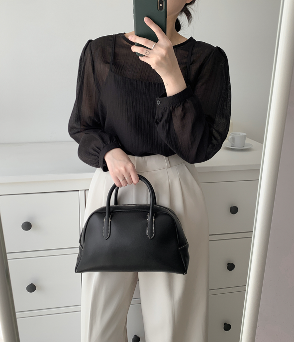 ラウンドネックパフスリーブルーズ長袖無地ブラウスビスチェアンサンブル | 詳細画像10