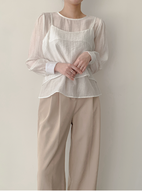 ラウンドネックパフスリーブルーズ長袖無地ブラウスビスチェアンサンブル | 詳細画像15