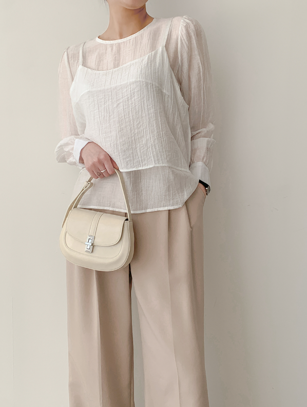 ラウンドネックパフスリーブルーズ長袖無地ブラウスビスチェアンサンブル | 詳細画像14