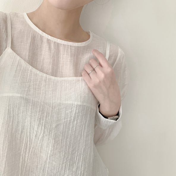 ラウンドネックパフスリーブルーズ長袖無地ブラウスビスチェアンサンブル | 詳細画像2