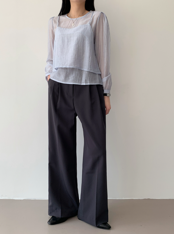 ラウンドネックパフスリーブルーズ長袖無地ブラウスビスチェアンサンブル | 詳細画像13