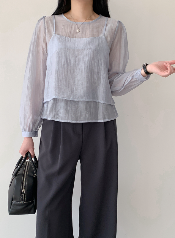 ラウンドネックパフスリーブルーズ長袖無地ブラウスビスチェアンサンブル | 詳細画像16