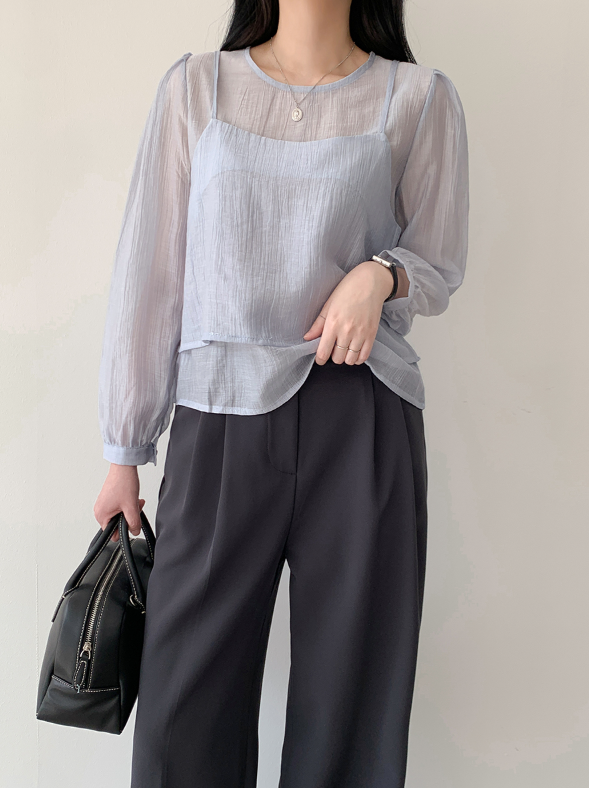 ラウンドネックパフスリーブルーズ長袖無地ブラウスビスチェアンサンブル | 詳細画像12