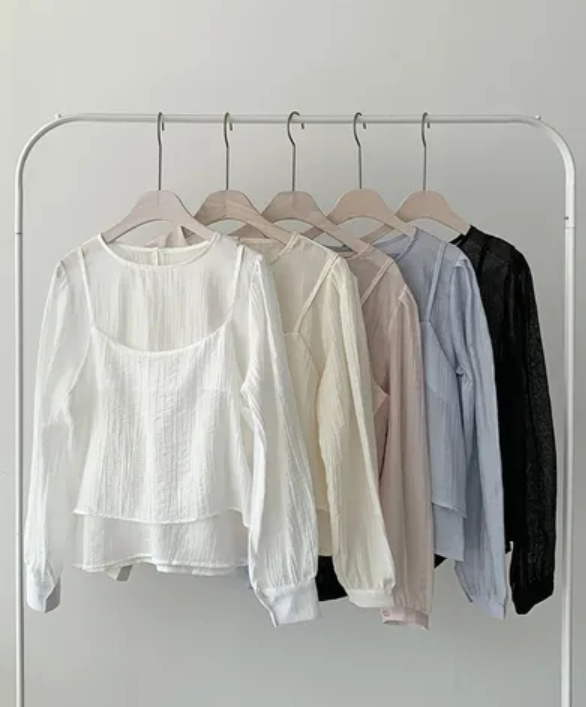 ラウンドネックパフスリーブルーズ長袖無地ブラウスビスチェアンサンブル | 詳細画像17