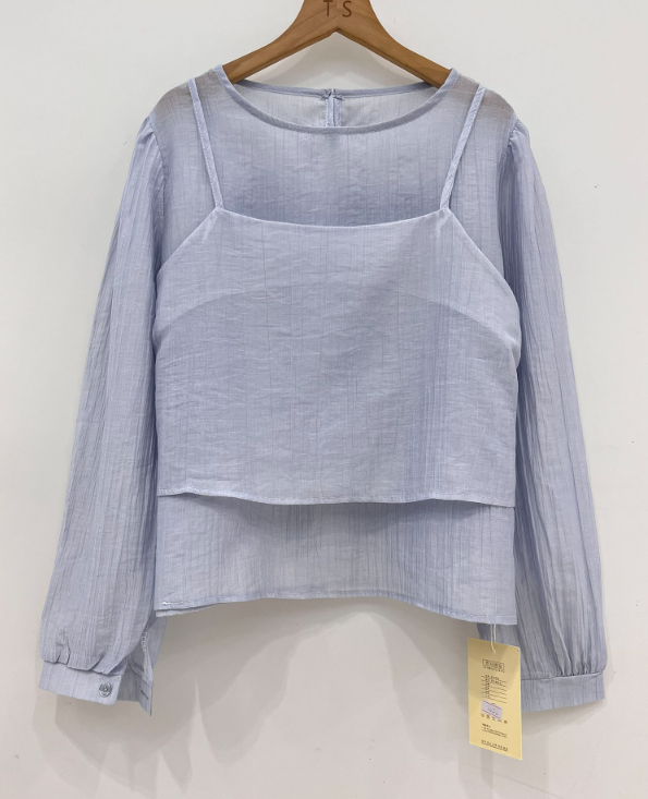 ラウンドネックパフスリーブルーズ長袖無地ブラウスビスチェアンサンブル | 詳細画像18