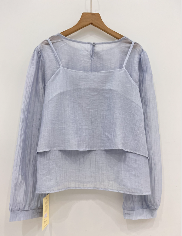 ラウンドネックパフスリーブルーズ長袖無地ブラウスビスチェアンサンブル | 詳細画像19