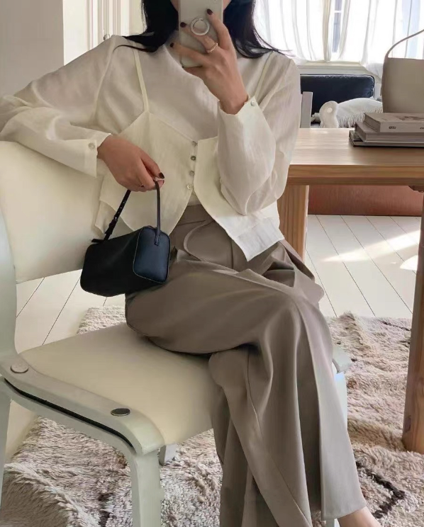 ボタンスクエアネックスリットルーズ長袖ボタンスリーブレイヤード無地ツーピース(トップス、ボトムス)ブラウスアンサンブル | 詳細画像2