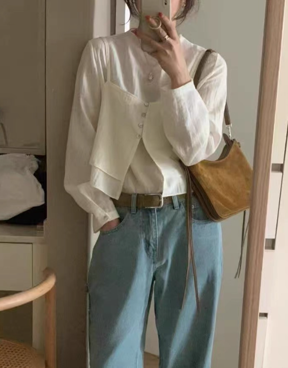 ボタンスクエアネックスリットルーズ長袖ボタンスリーブレイヤード無地ツーピース(トップス、ボトムス)ブラウスアンサンブル | 詳細画像6