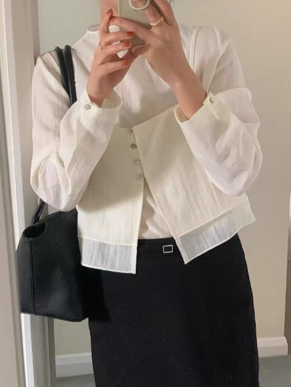 ボタンスクエアネックスリットルーズ長袖ボタンスリーブレイヤード無地ツーピース(トップス、ボトムス)ブラウスアンサンブル | 詳細画像3