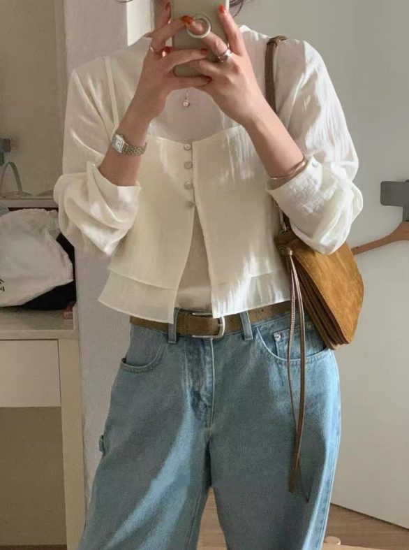 ボタンスクエアネックスリットルーズ長袖ボタンスリーブレイヤード無地ツーピース(トップス、ボトムス)ブラウスアンサンブル | 詳細画像5