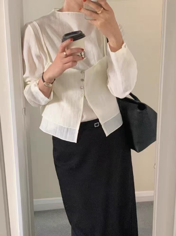 ボタンスクエアネックスリットルーズ長袖ボタンスリーブレイヤード無地ツーピース(トップス、ボトムス)ブラウスアンサンブル | 詳細画像4