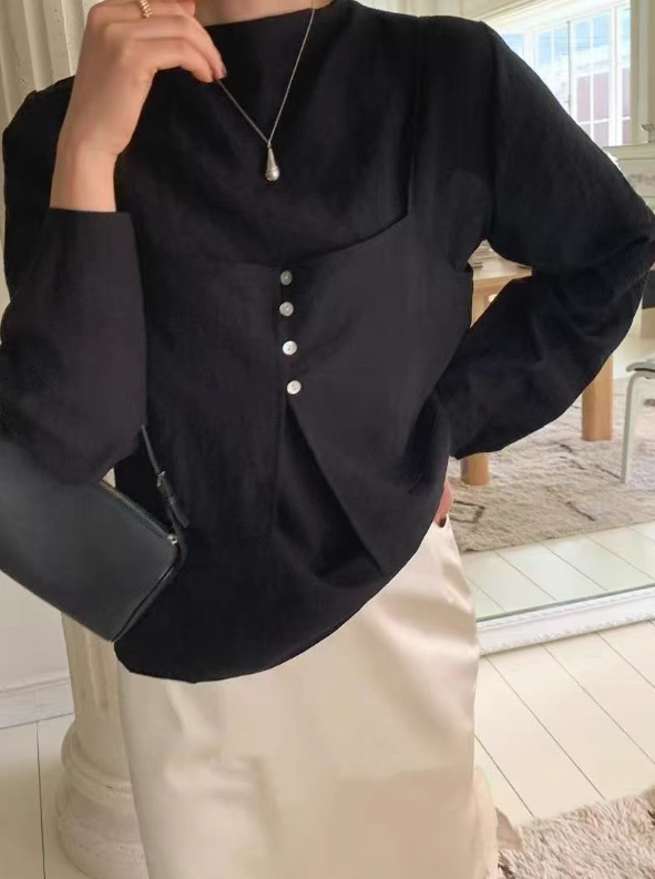 ボタンスクエアネックスリットルーズ長袖ボタンスリーブレイヤード無地ツーピース(トップス、ボトムス)ブラウスアンサンブル | 詳細画像7