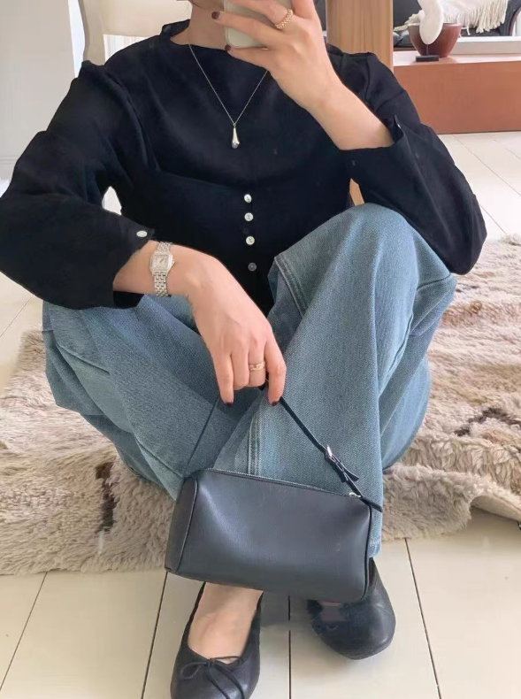 ボタンスクエアネックスリットルーズ長袖ボタンスリーブレイヤード無地ツーピース(トップス、ボトムス)ブラウスアンサンブル | 詳細画像8