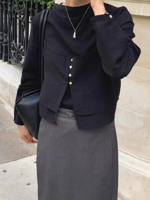 ボタンスクエアネックスリットルーズ長袖ボタンスリーブレイヤード無地ツーピース(トップス、ボトムス)ブラウスアンサンブル | 詳細画像10