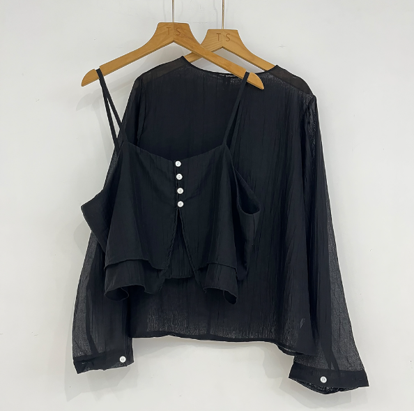 ボタンスクエアネックスリットルーズ長袖ボタンスリーブレイヤード無地ツーピース(トップス、ボトムス)ブラウスアンサンブル | 詳細画像12