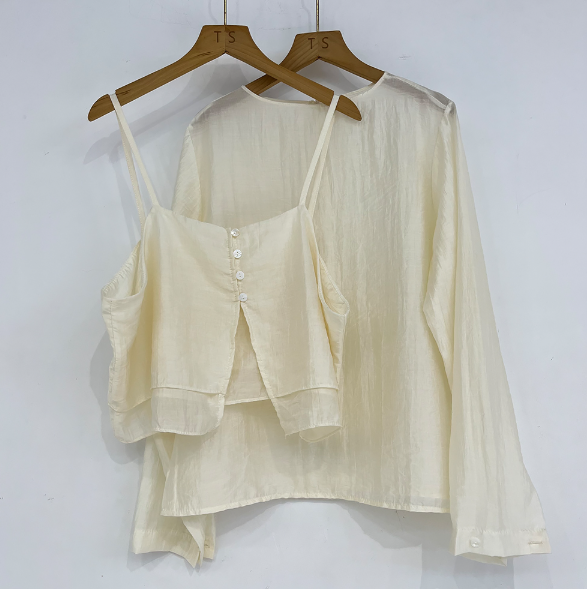 ボタンスクエアネックスリットルーズ長袖ボタンスリーブレイヤード無地ツーピース(トップス、ボトムス)ブラウスアンサンブル | 詳細画像15