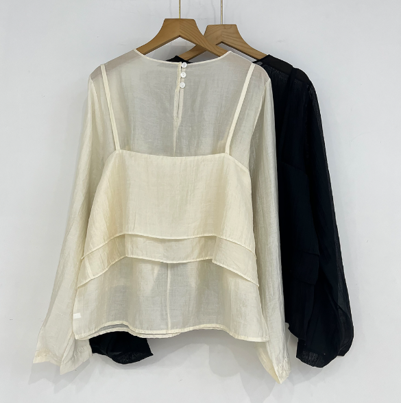 ボタンスクエアネックスリットルーズ長袖ボタンスリーブレイヤード無地ツーピース(トップス、ボトムス)ブラウスアンサンブル | 詳細画像16