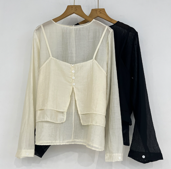 ボタンスクエアネックスリットルーズ長袖ボタンスリーブレイヤード無地ツーピース(トップス、ボトムス)ブラウスアンサンブル | 詳細画像17