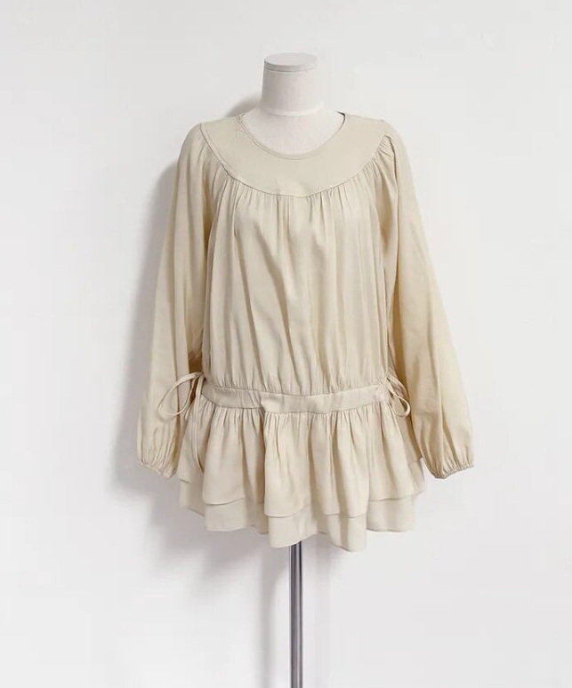 ラウンドネックシャーリングドローストリングラッフルティアードラインパフスリーブ長袖フレアAラインミニ無地ワンピース | 詳細画像11