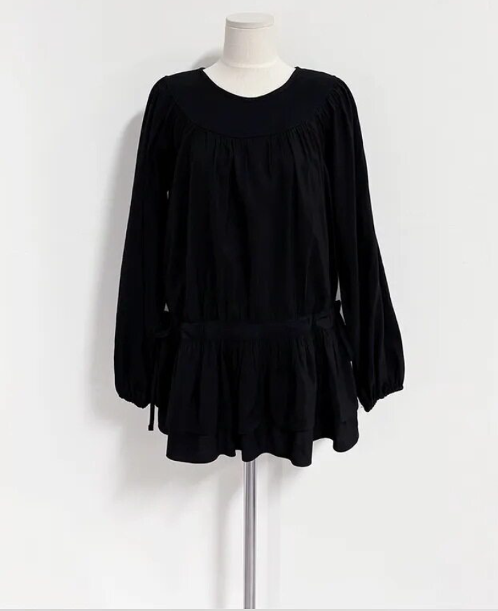 ラウンドネックシャーリングドローストリングラッフルティアードラインパフスリーブ長袖フレアAラインミニ無地ワンピース | 詳細画像12