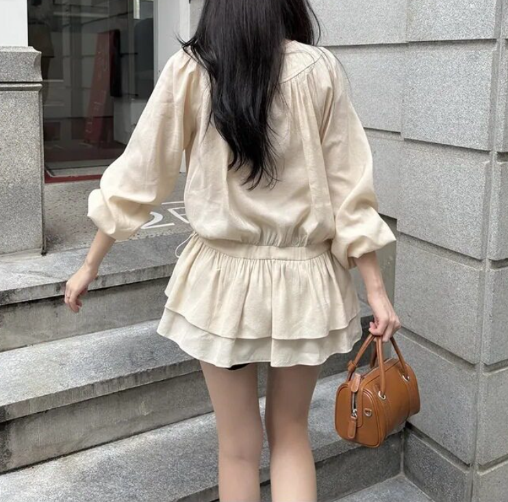 ラウンドネックシャーリングドローストリングラッフルティアードラインパフスリーブ長袖フレアAラインミニ無地ワンピース | 詳細画像2