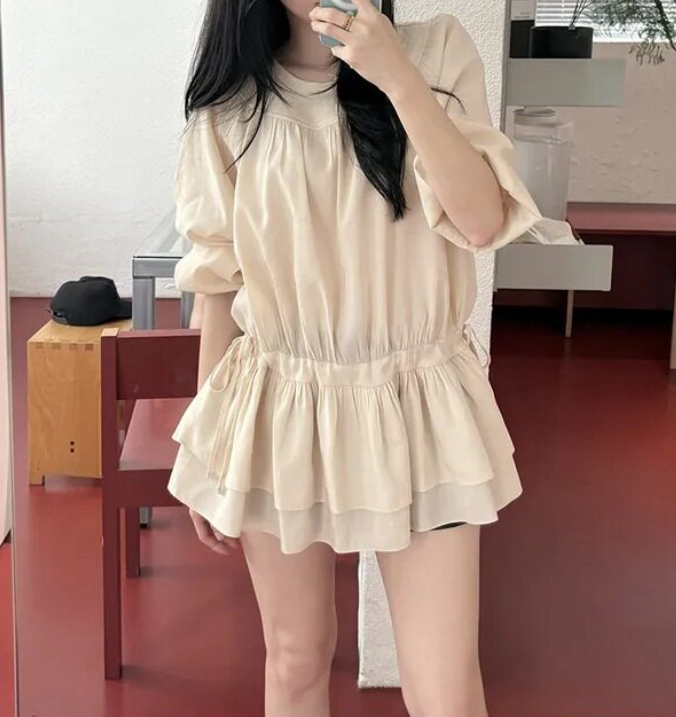 ラウンドネックシャーリングドローストリングラッフルティアードラインパフスリーブ長袖フレアAラインミニ無地ワンピース | 詳細画像6