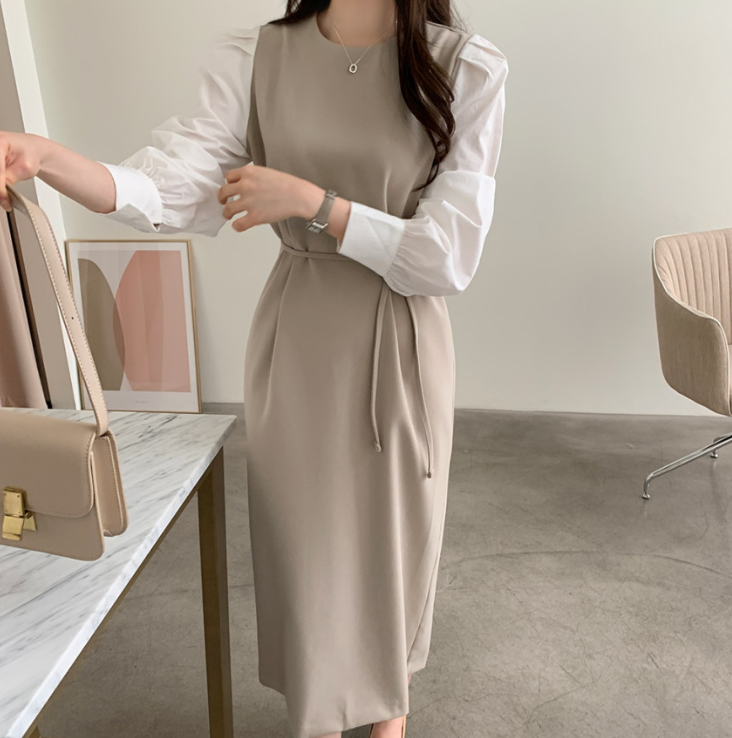 ジップアップラウンドネックスリットピンタックパフスリーブレイヤード風ギャザーボタンスリーブHライン(ロング丈)配色ワンピースストラップ付 | 詳細画像4