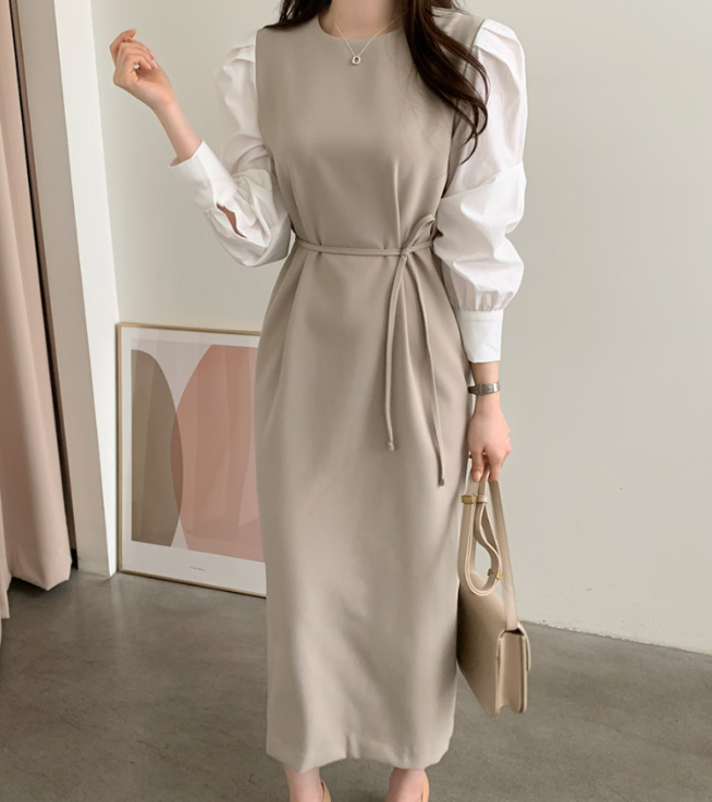 ジップアップラウンドネックスリットピンタックパフスリーブレイヤード風ギャザーボタンスリーブHライン(ロング丈)配色ワンピースストラップ付 | 詳細画像2